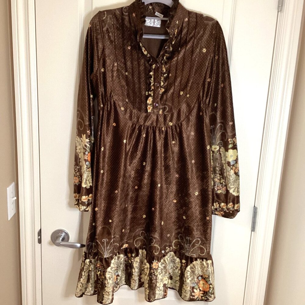 213 Women's Brown Dress Crush Velvet Vintage Retro Style Ruffles Long Sleeves